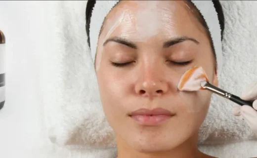 face of a woman applied with a skin care