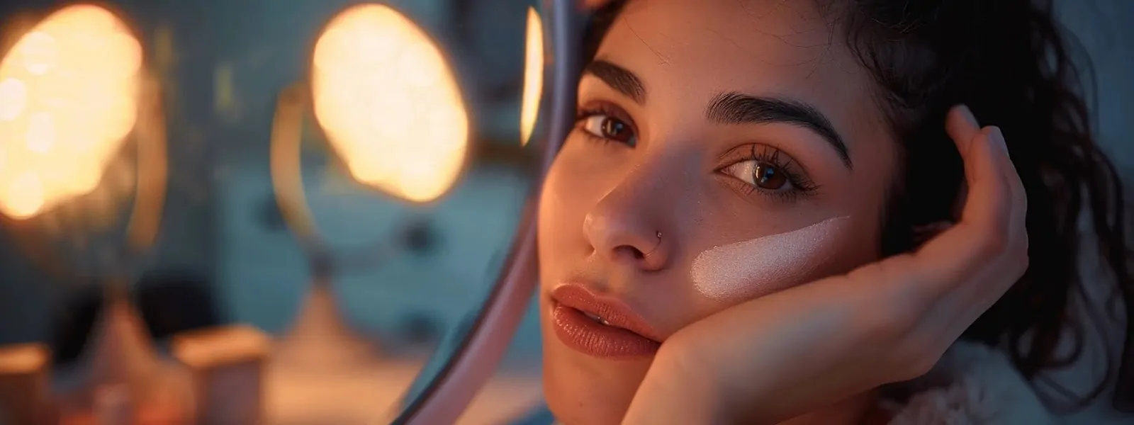 a modern, sleek dermatologist's office in tampa showcases a confident young adult admiring their flawless skin in a bright, well-lit vanity mirror, symbolizing the transformative power of advanced skin treatments for acne scars.